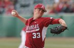 Arkansas starter Trey Killian delivers a pitch against San Diego State Saturday, March 9, 2013, during the seventh inning of play at Baum Stadium. Killian pitched seven hitless innings.