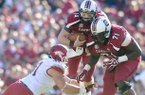 Arkansas defender Austin Flynn makes the tackle on South Carolina quarterback Connor Shaw during the Razorbacks' 38 - 20 loss to the Gamecocks on Saturday, Nov. 10, 2012 at Williams-Brice Stadium in Columbia, S.C.