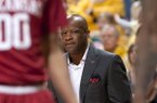 Arkansas head coach Mike Anderson looks at his players during the first half of an NCAA college basketball game against Missouri Tuesday, March 5, 2013, in Columbia, Mo. (AP Photo/L.G. Patterson)