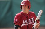 Arkansas second baseman Jacob Mahan waits in the on-deck circle Wednesday, March 13, 2013, during the second inning of play against Alabama A&M at Baum Stadium.
