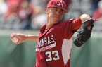 Arkansas starter Trey Killian delivers a pitch against San Diego State Saturday, March 9, 2013, during the sixth inning of play at Baum Stadium. Killian pitched seven hitless innings.