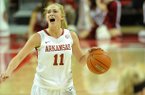 Arkansas guard Calli Berna brings the ball down court during the Razorbacks' game against the SIUE Cougars in the first half of Thursday evening's game at Bud Walton Arena in Fayetteville.