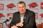 Head football coach Bret Bielema speaks to reporters during a press conference Friday afternoon at the University of Arkansas in Fayetteville.