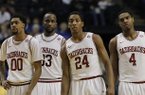 Arkansas's Rashad Madden, Marshawn Powell, Michael Qualls and Coty Clarke react after losing to Vanderbilt during their Southeastern Conference tournament game in Nashville Thursday.