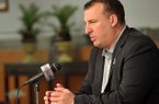 Arkansas head football coach Bret Bielema speaks to reporters during a press conference Friday afternoon at the University of Arkansas in Fayetteville. Bielema spoke about the players on the team and answered questions about the expectations of this year's football team.