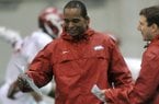 Arkansas linebackers coach Randy Shannon instructs during a 2013 spring practice in Fayetteville.