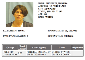 This screenshot from the Pulaski County jail website shows Treasurer Martha Shoffner was booked in about 4:30 p.m. Saturday.