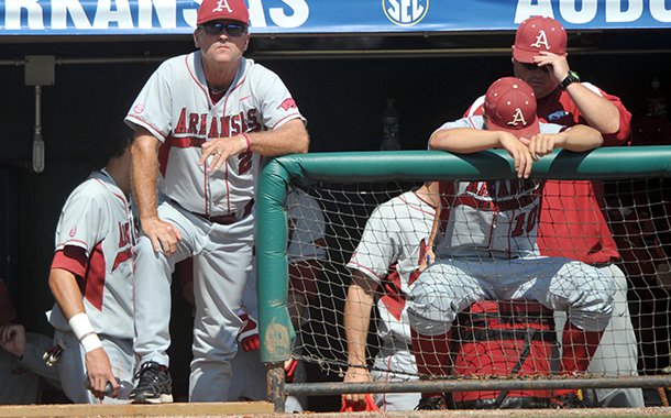 Arkansas coach Dave Van Horn watches the Razorbacks during a May 23, 2012 game against Ole Miss during the SEC baseball tournament at Regions Park in Hoover, Alabama. 
