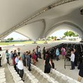 Officials with the Arkansas Music Pavilion lead a tour April 18, 2012, at the facility’s location at...