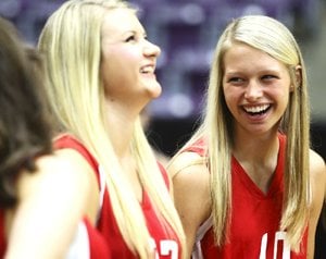 Aubrey Edie (right) averaged 29 assists per game this season while leading Fayetteville to the Class 7A volleyball state title. She will be a member of the West team in today’s All-Star game. 