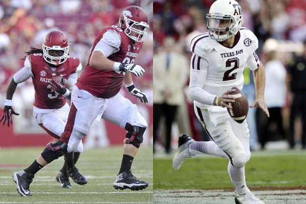 Arkansas' game with Texas A&M could turn into an offensive shootout, featuring the Razorbacks' running game, led by Alex Collins (pictured left) and Jonathan Williams, and the 2012 Heisman trophy winner, Johnny Manziel (pictured right).