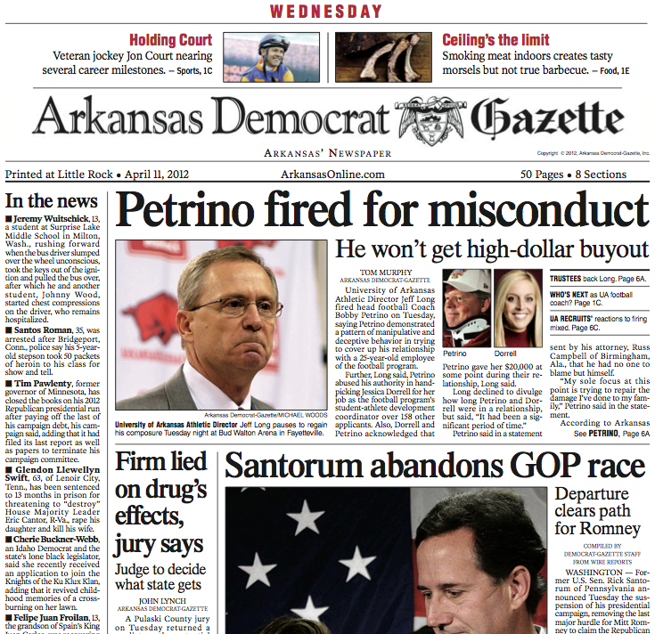 Front Page Of The Arkansas Democrat Gazette On April 11 2016 