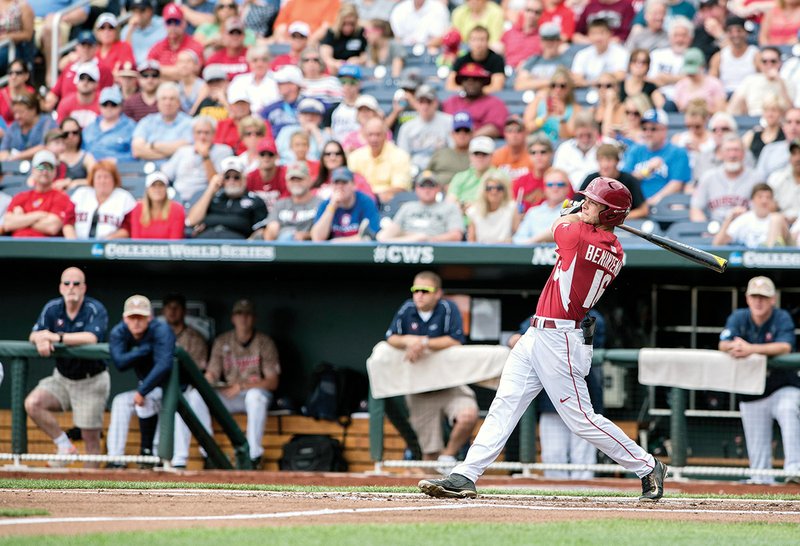 Arkansas Razorbacks outfielder Andrew Benintendi (16) on deck during the  NCAA College baseball World Series against the Miami Hurricanes on June 15,  2015 at TD Ameritrade Park in Omaha, Nebraska. Miami beat