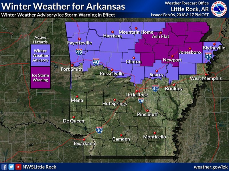 Ice storm warning issued for part of Arkansas; slick roads, crashes