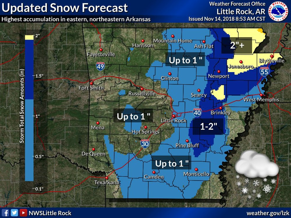 Up to 2 inches of snow falls in Arkansas; icy conditions, slush