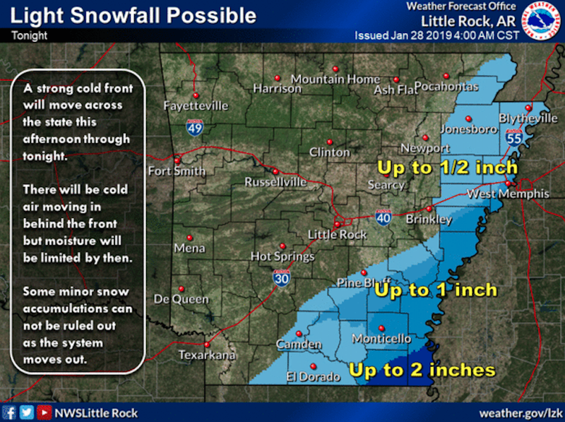 Cold front to bring chance for snow to parts of Arkansas, forecasters say