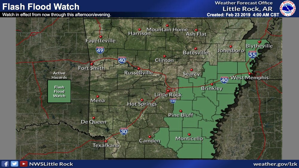 This graph, provided by the National Weather Service, shows that much of eastern Arkansas is being watched by a flash flood until Saturday night. "style =" width: 100%