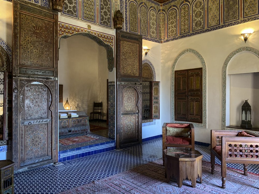 Elaborate tile mosaics and stucco work decorate a two-room suite at Dar Saffarine, a restored 600-year-old residence that now operates as a guesthouse in Fez. Photo by Bob Drogin via Los Angeles Times (TNS)