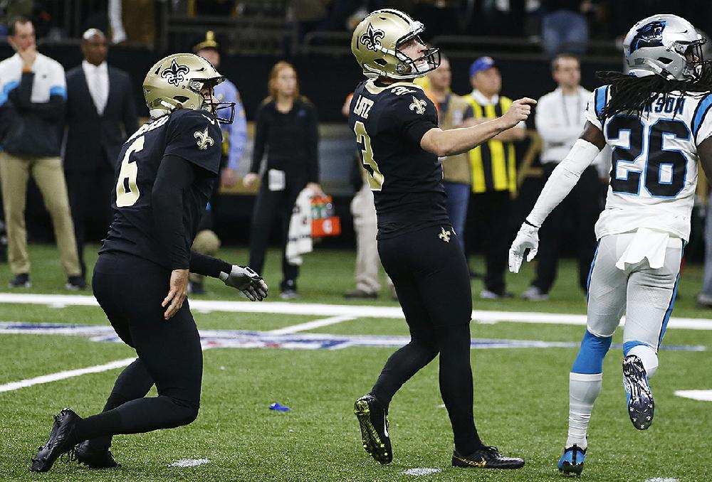 August 29, 2019: New Orleans Saints kicker Will Lutz (3) drives a kickoff  during a preseason game between the New Orleans Saints and the Miami  Dolphins at the Mercedes Benz Superdome in