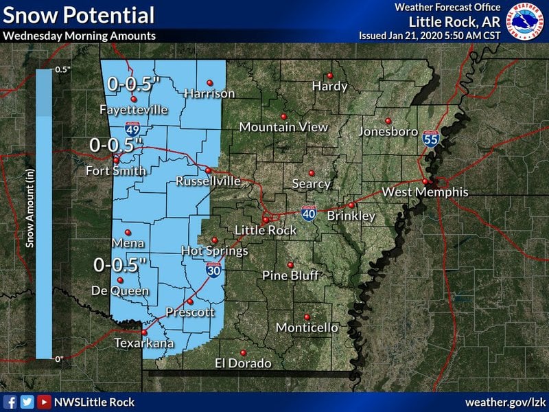 Snow, sleet predicted for parts of Arkansas Tuesday into Wednesday