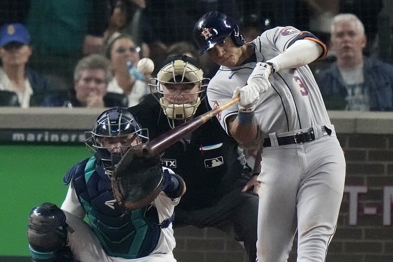 Jeremy Pena of the Houston Astros reacts at bat during the second