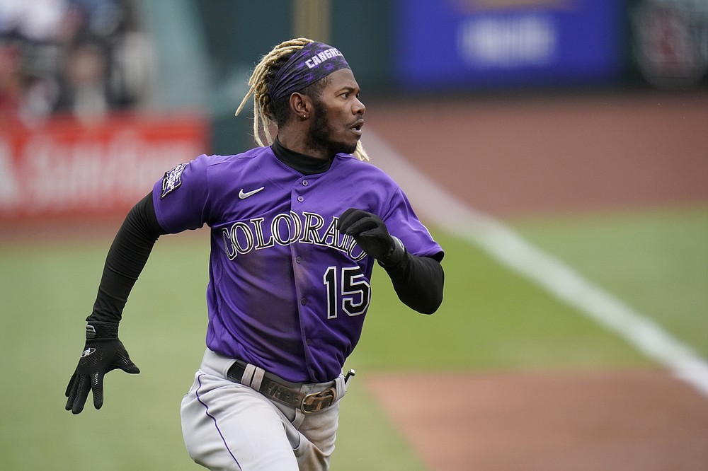 Colorado Rockies left fielder Raimel Tapia (15) in the eighth