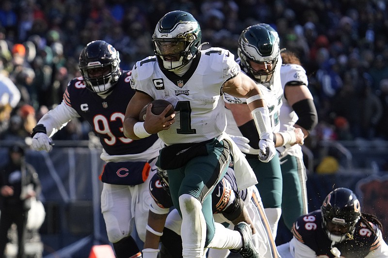 Philadelphia Eagles quarterback Jalen Hurts (1) celebrates his