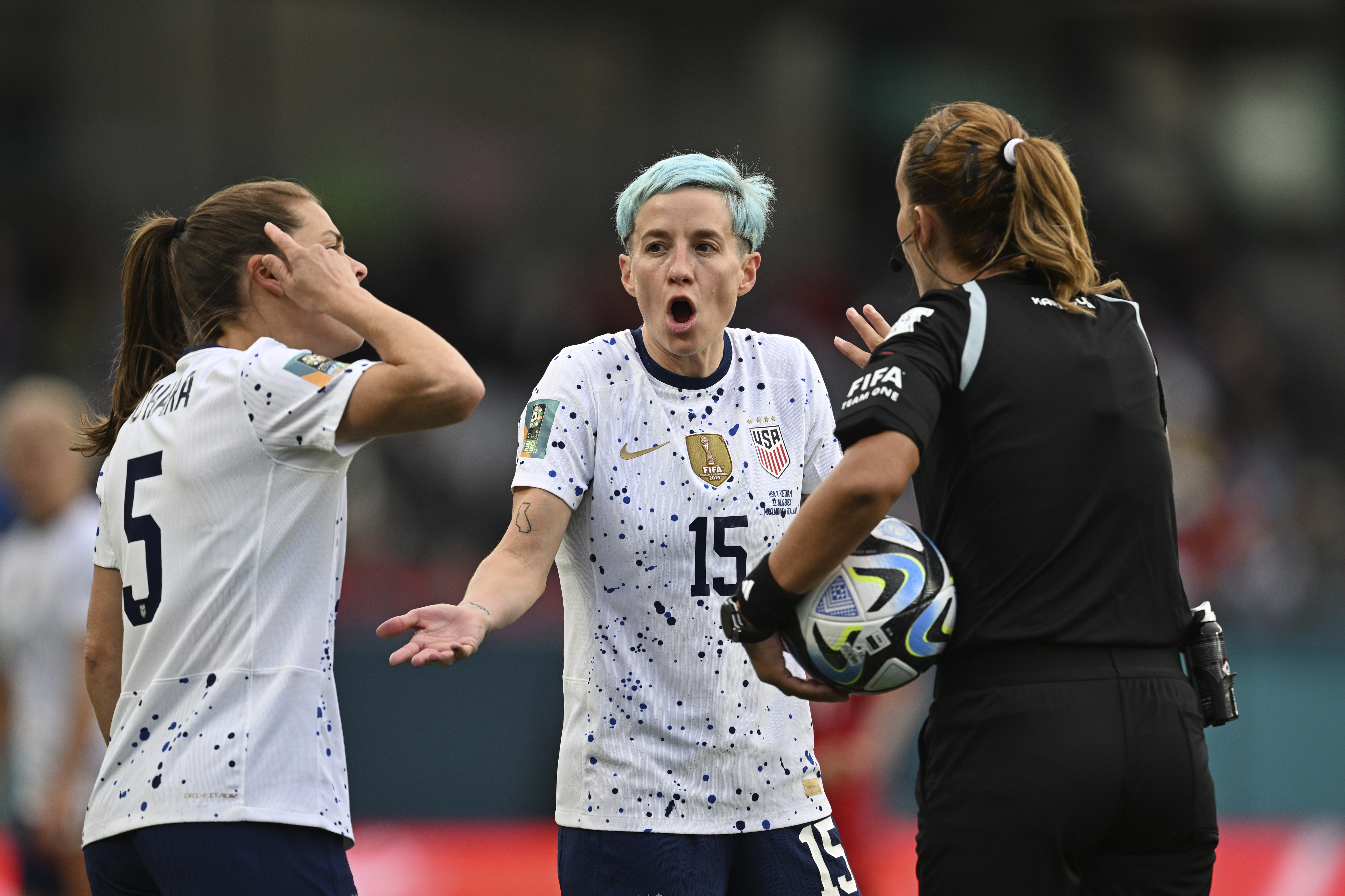 United States' Megan Rapinoe warms up before the Women's World Cup Group E  soccer match between the United States and Vietnam at Eden Park in  Auckland, New Zealand, Saturday, July 22, 2023. (