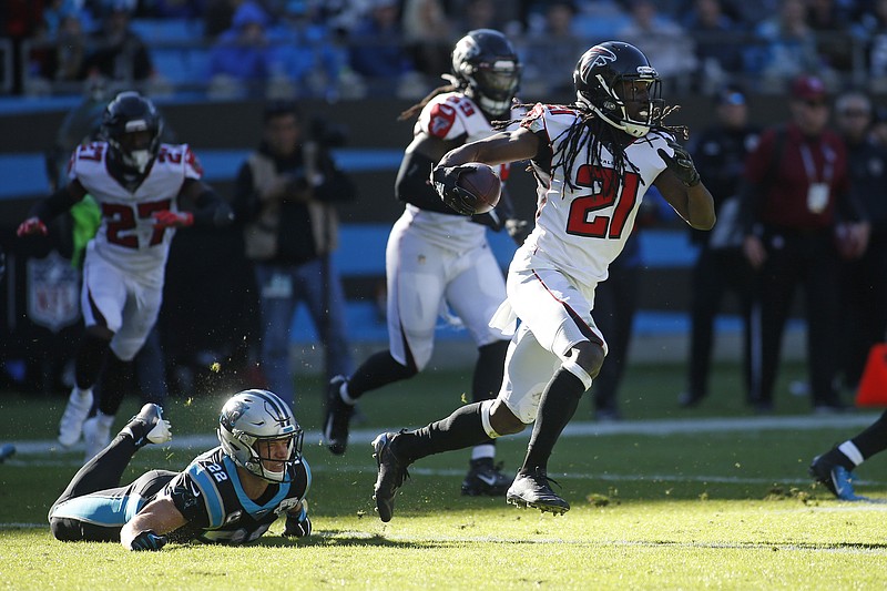 Atlanta Falcons cornerback Isaiah Oliver (26) works during the second half  of an NFL football game